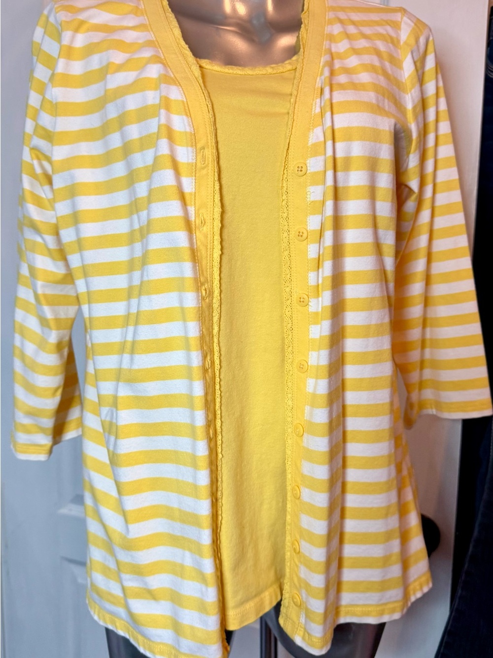 Women’s Yellow Striped Button Cardigan with Solid Tank Set